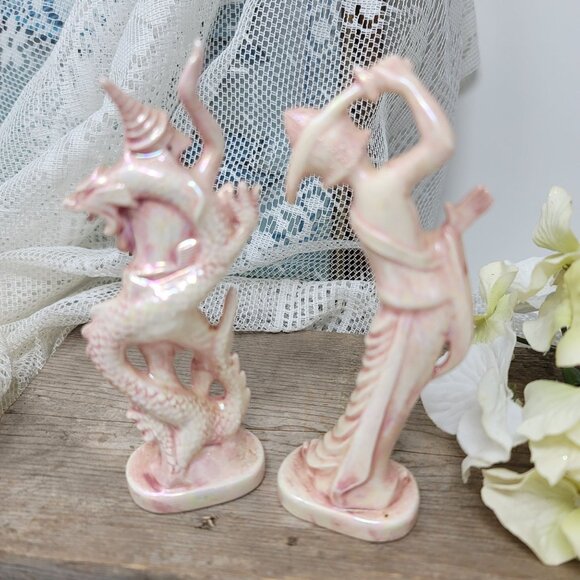 Vintage Ceramic Hindu God & Goddess Statues Pink & White Iridescent Glaze - Picture 4 of 7